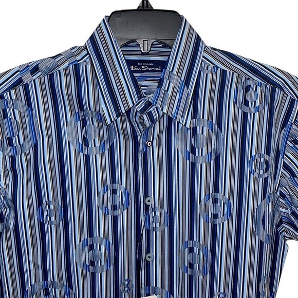Ben Sherman Mens Carnaby Fit Stripe Short Sleeve Button Up Shirt Blue Medium NWT - Picture 2 of 10